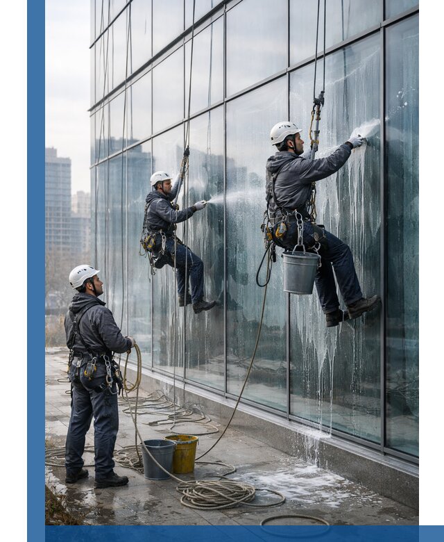 Промышленная мойка панорамных окон на высоте в Колпине