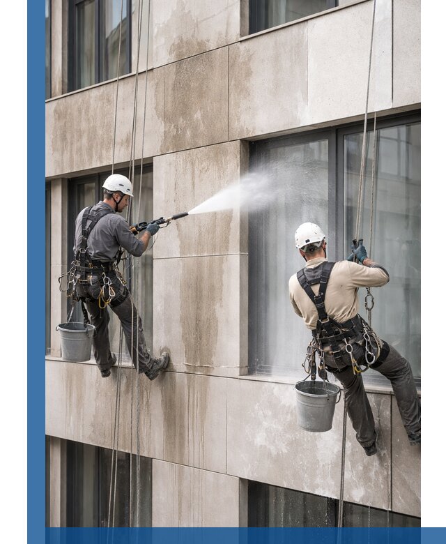 Послестроительная мойка фасада промышленным альпинизмом в Колпине