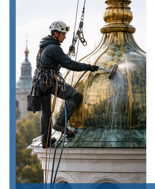 Профессиональная мойка куполов и шпилей высотными альпинистами в Колпине