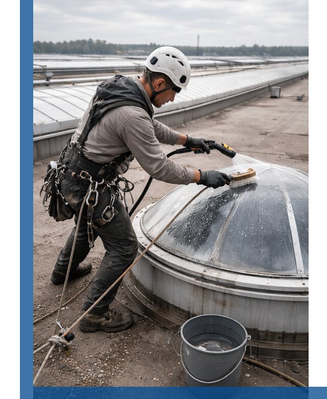 Мойка зенитных фонарей на кровле для промышленных объектов в Колпине