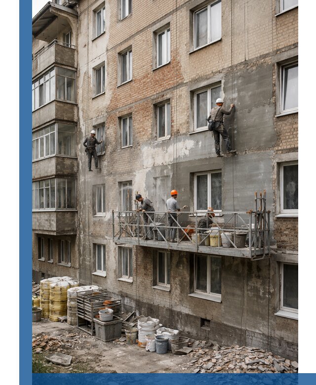 Капитальный ремонт фасада в Колпине с восстановлением и гидроизоляцией