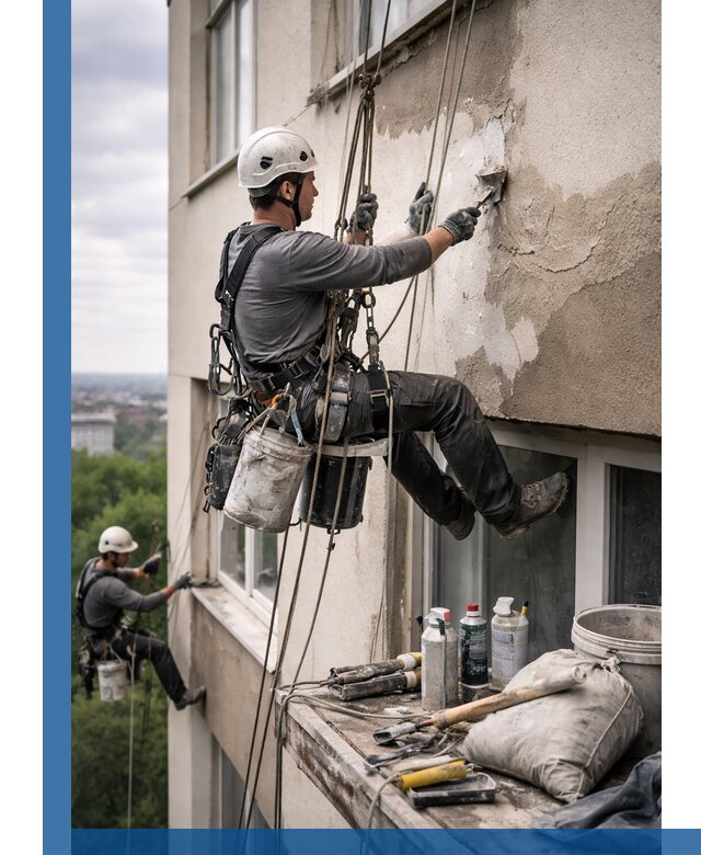 Косметический ремонт фасада зданий в Колпине промышленными альпинистами