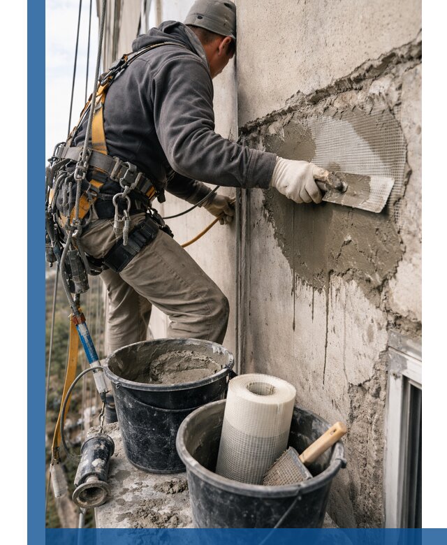 Ремонт бетонных элементов фасада промышленными альпинистами в Колпине