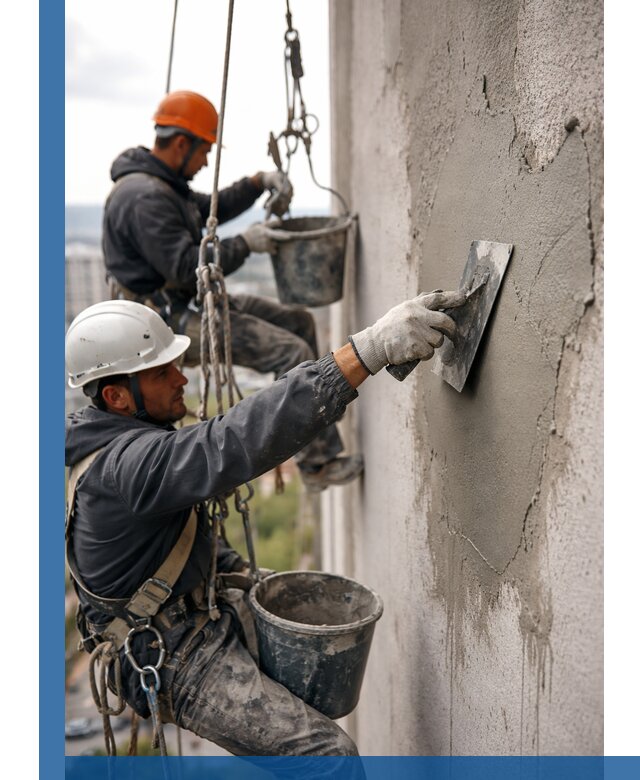 Штукатурка фасада на высоте в Колпине профессиональные работы