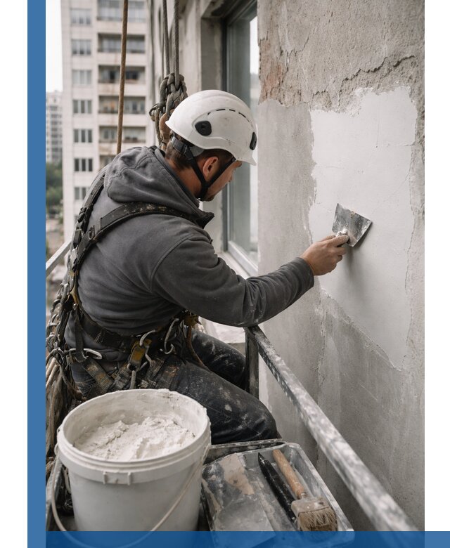 Шпаклевка фасадов на высоте с промальпинистами в Колпине