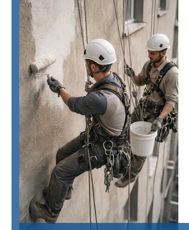 Грунтовка фасада на высоте в Колпине промышленными альпинистами