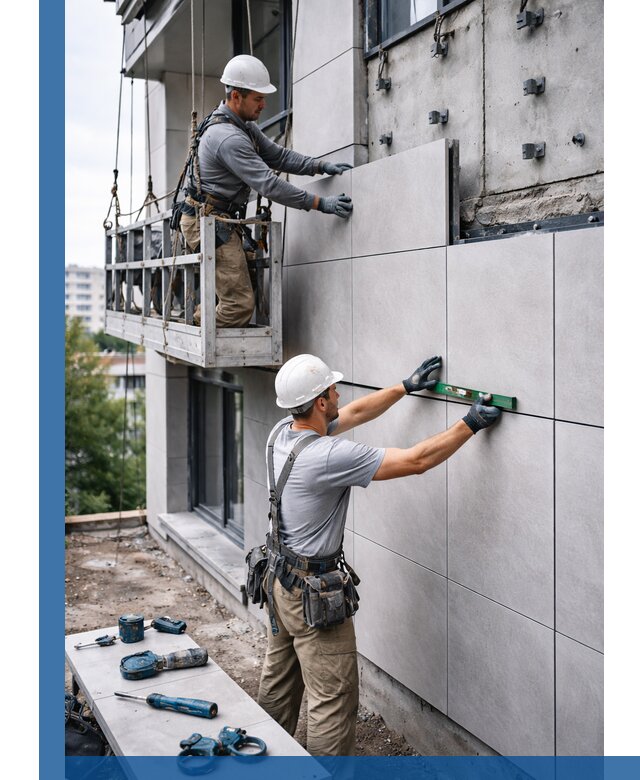 Монтаж керамогранита на фасад в Колпине под ключ с гарантией качества