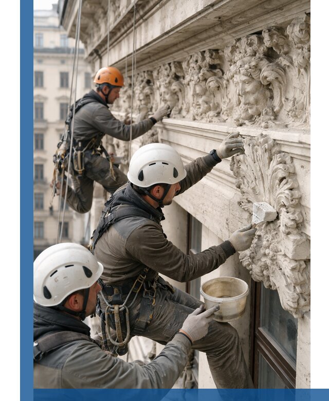 Реставрация фасадной лепнины с высотными работами в Колпине