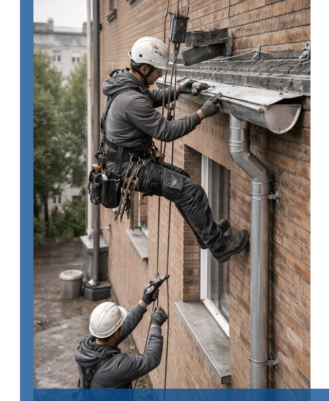 Монтаж водосточной системы на здании в Колпине под ключ