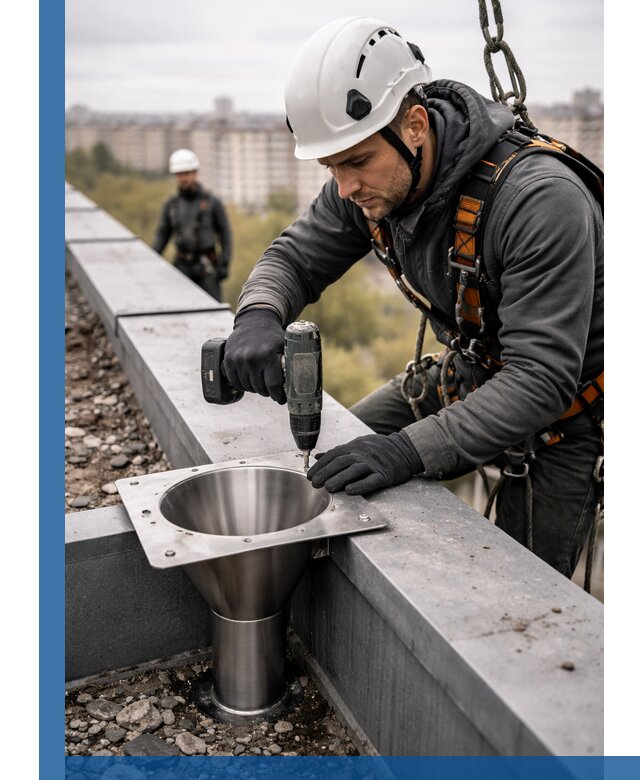 Монтаж водосточных воронок в Колпине для промышленных зданий