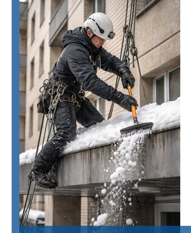 Очистка козырьков от снега в Колпине круглогодично безопасно