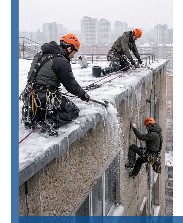 Удаление наледи с кровли в Колпине промышленными альпинистами