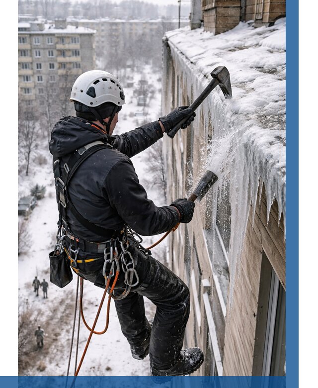 Сбивание сосулек с крыши в Колпине по цене от 4642 р. | ВЫСОТНИК-Клп