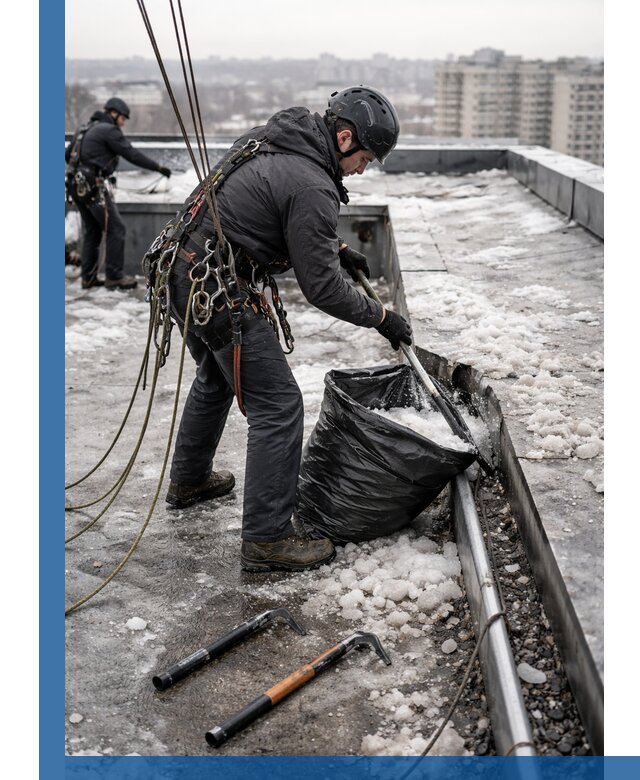 Аварийная очистка кровли в Колпине от промальпинистов