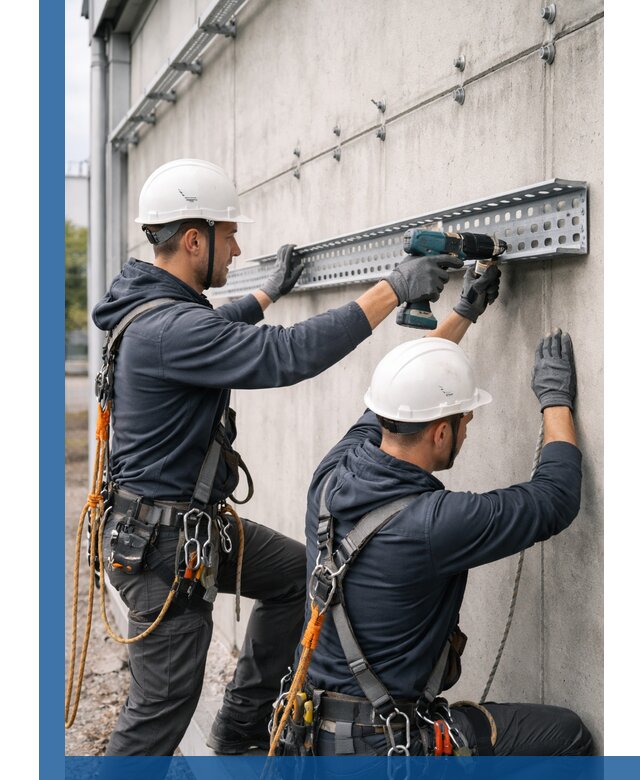 Монтаж кабельных лотков на фасаде зданий в Колпине с гарантией