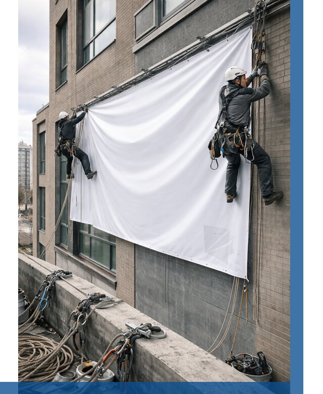 Монтаж баннеров на фасаде в Колпине от 670 р. заказать ВЫСОТНИК-Клп