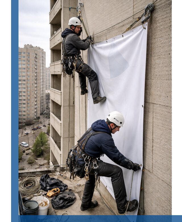Профессиональный монтаж баннеров на фасаде в Колпине