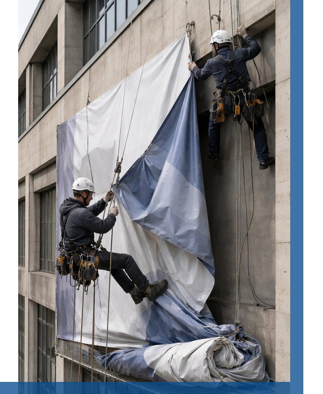 Демонтаж баннеров с фасада в Колпине от 4642 р. | ВЫСОТНИК-Клп