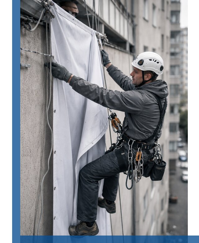 Замена баннерного полотна промышленными альпинистами в Колпине