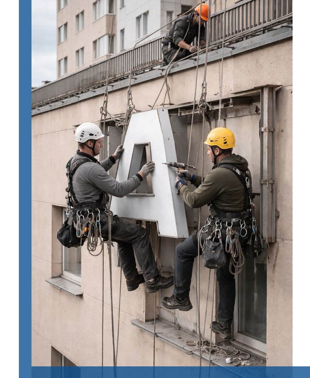 Ремонт и восстановление наружных вывесок на высоте в Колпине