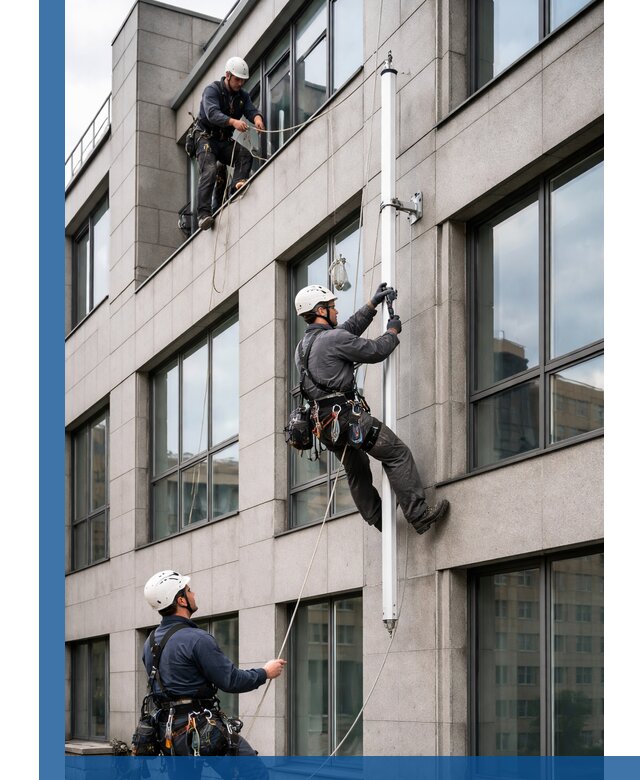 Монтаж флагштока на фасаде здания с креплением и герметикой в Колпине