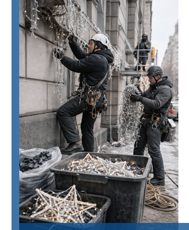 Демонтаж новогоднего оформления и гирлянд в Колпине