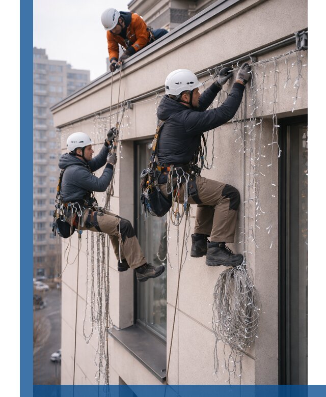 Монтаж праздничных гирлянд на фасаде в Колпине для зданий