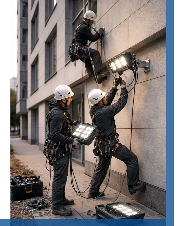 Монтаж прожекторов на фасаде в Колпине от 7736 р. | ВЫСОТНИК-Клп