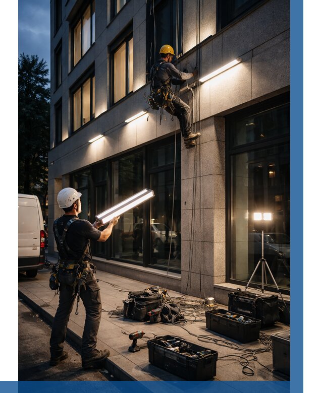 Монтаж архитектурной подсветки здания в Колпине от 2579 р.|ВЫСОТНИК-Клп