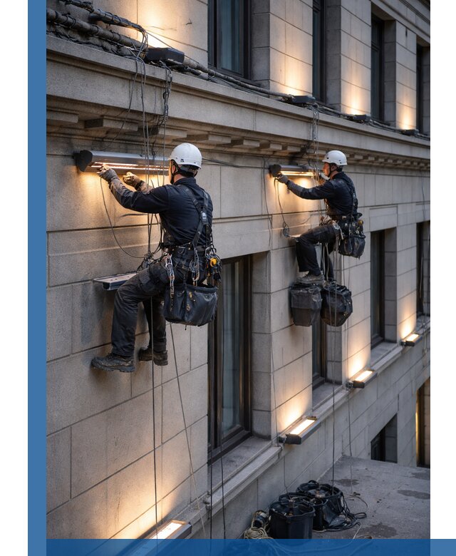 Монтаж архитектурной подсветки фасадов зданий в Колпине