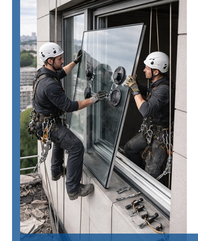 Замена стеклопакетов на высоте с промышленными альпинистами в Колпине