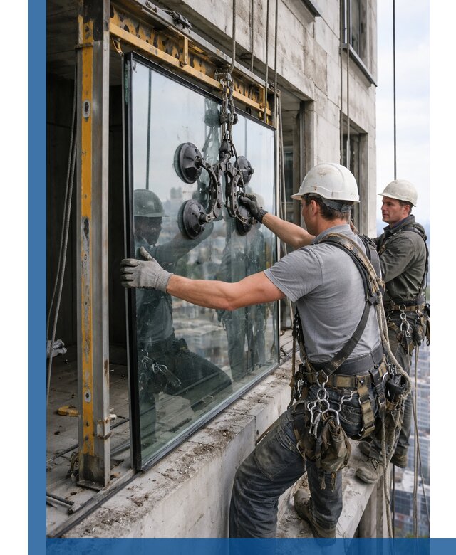 Монтаж стеклопакетов на высоте в Колпине с промышленным альпинизмом