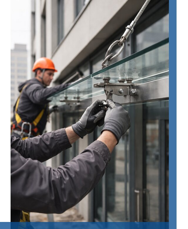 Монтаж стеклянных козырьков в Колпине от 8768 р. | ВЫСОТНИК-Клп