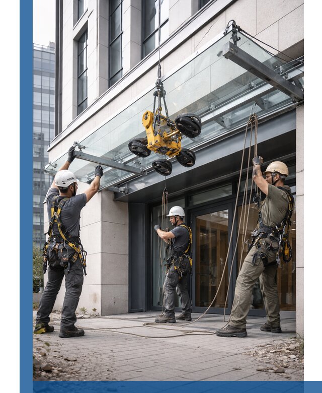 Монтаж стеклянных козырьков под ключ в Колпине для зданий