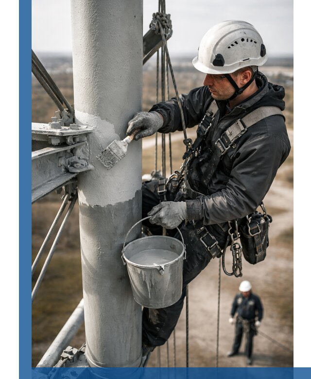 Покраска мачт связи в Колпине промышленными альпинистами