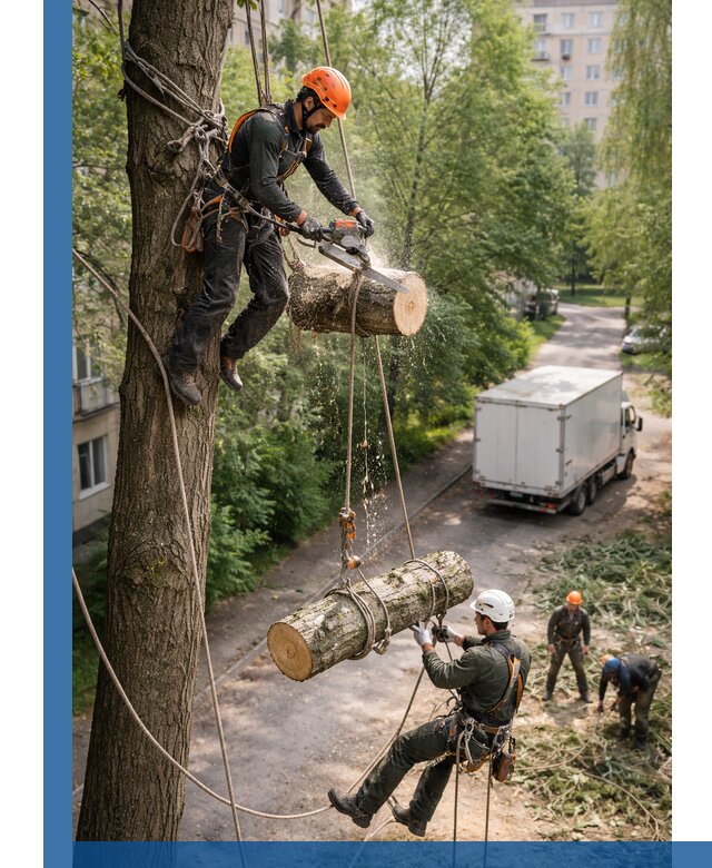 Спил деревьев альпинистами в Колпине, безопасно и без повреждений