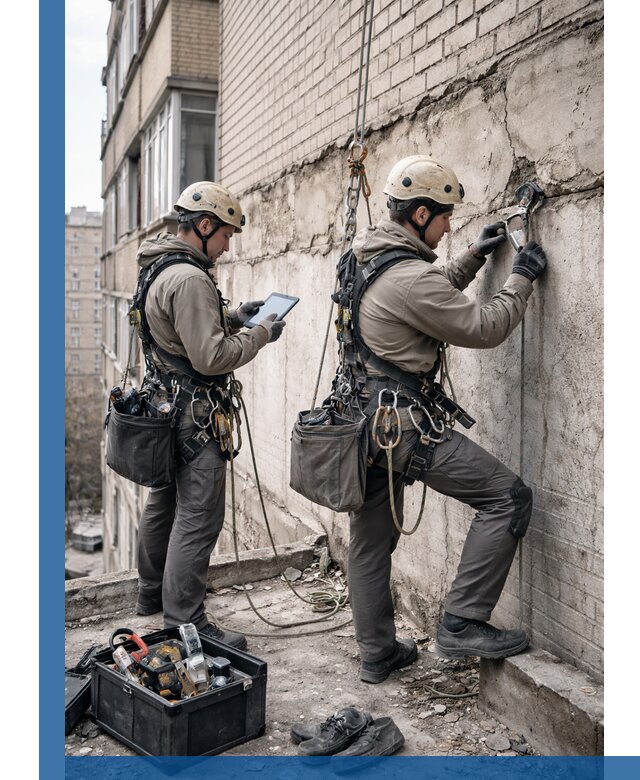 Обследование фасада промышленными альпинистами в Колпине