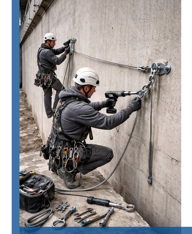 Монтаж анкерных линий высотной безопасности в Колпине